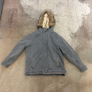 Vintage woolrich faux fur lined Gray Hooded denim Jacket with Faux Fur Trim